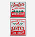 Two vintage-style Christmas sign designs shown on a light gray background. The top sign reads 'Santa's Workshop' with red lettering, green border accents, and green pine trees.