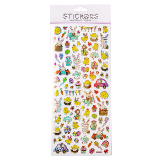 Sheet of colorful stickers with various designs on a white background