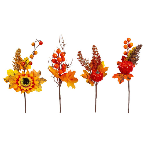 Four artificial autumn floral stems arranged in a row on a white background, featuring orange and yellow leaves, berries, pinecones, and a small red pumpkin.