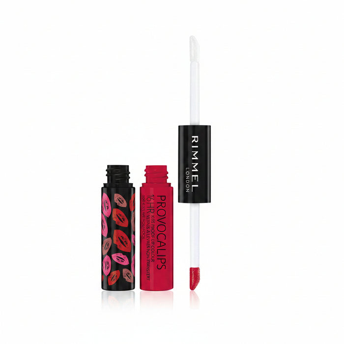 Rimmel London Provocals Lip Colour in a vibrant pink shade, shown with the applicator wand and two tubes (one patterned with pink and red lip prints, one solid pink) on a white background.