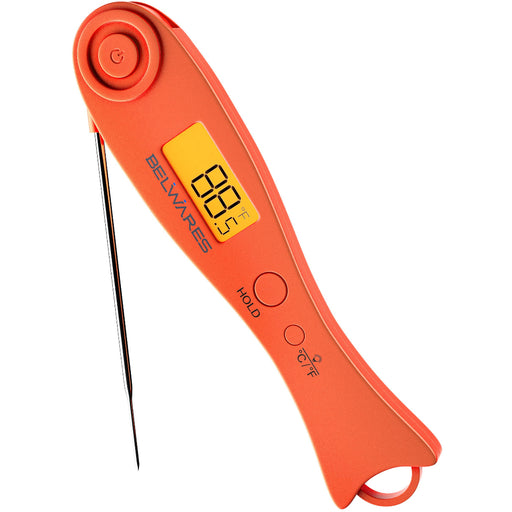 Orange digital thermometer with a white background