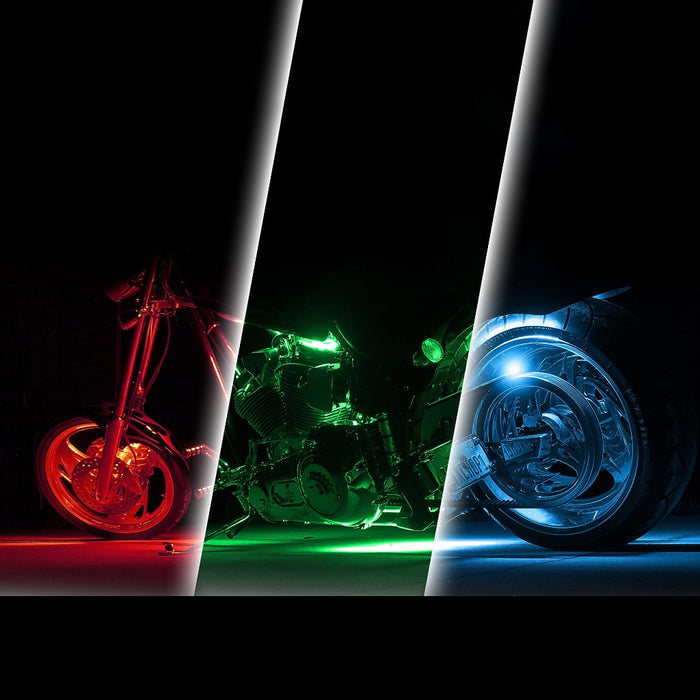 Three views of a motorcycle wheel and body illuminated by colored LED light strips in red, green, and blue, set against a black background with white diagonal divider lines.