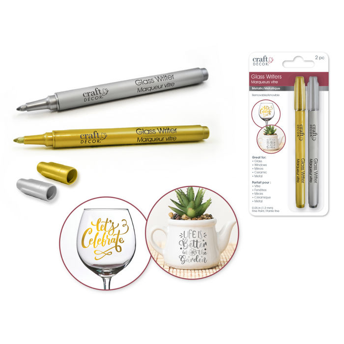 Metallic gold and silver glass writers with caps off and on, packaging included. Inset shows decorative writing on a wine glass (“Let’s Celebrate”) and a ceramic planter reading “Life is Better in the Garden.”