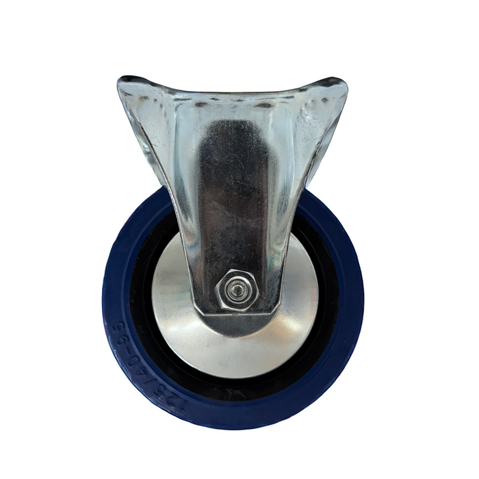Caster wheel with blue rubber wheel and metal base on a white background