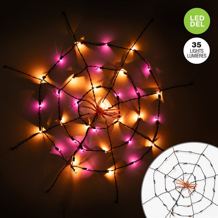 SPIDER WEB WITH 35 INCANDESCENT ORANGE/PURPLE LIGHTS AND 36IN JUMBO SPIDER