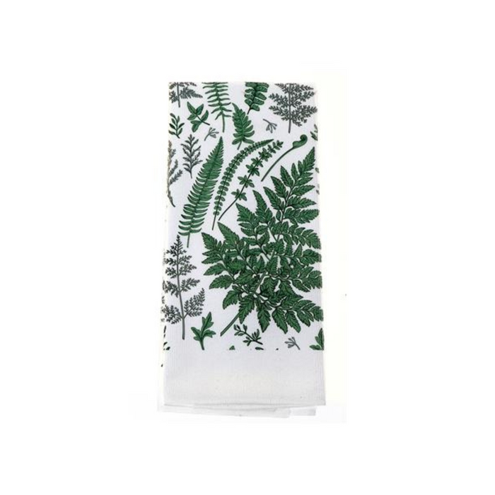 15" x 25" white hand towel with green and grey fern leaf print, soft and absorbent for kitchen or bathroom use.