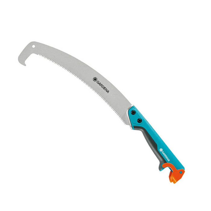 Gardening saw with blue and orange handle on a white background