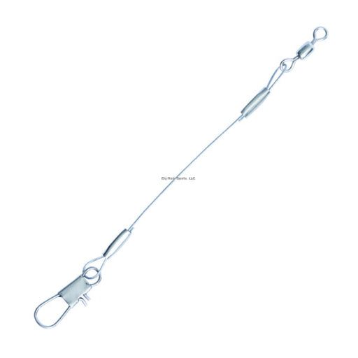 Metal fishing line with swivel clip on a white background