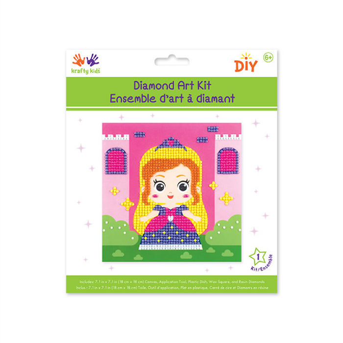 Princess diamond art craft kit with castle backdrop in pink and purple tones; shown fully packaged.