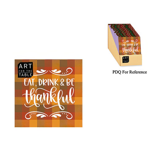 A set of autumn-themed paper napkins with a plaid pattern in orange, brown, and yellow, featuring the white script text 'EAT, DRINK & BE thankful'. A small display box of the napkins is shown in the upper right with the text 'PDQ For Reference'.