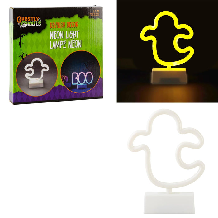 A Ghostly Ghouls neon lamp LED light shaped like a ghost, shown in its retail packaging, illuminated glowing in the dark, and as a white unlit plastic version on a white background.