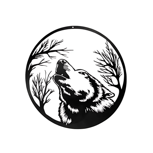 Round black metal wall art of a howling wolf framed by bare tree silhouettes, 16.14 × 0.78 × 14.17 inches.