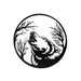 Round black metal wall art of a howling wolf framed by bare tree silhouettes, 16.14 × 0.78 × 14.17 inches.