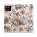 A square paper napkin with a fall harvest floral print, featuring watercolor-style pumpkins, orange and white flowers, and green leaves on a cream background. A black label in the top-left corner reads 'ART FOR THE TABLE'.
