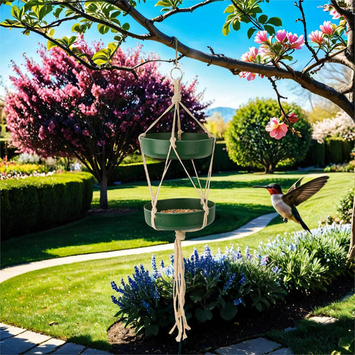 Hummingbird perched on a green hanging bird feeder in a garden with flowers and trees.