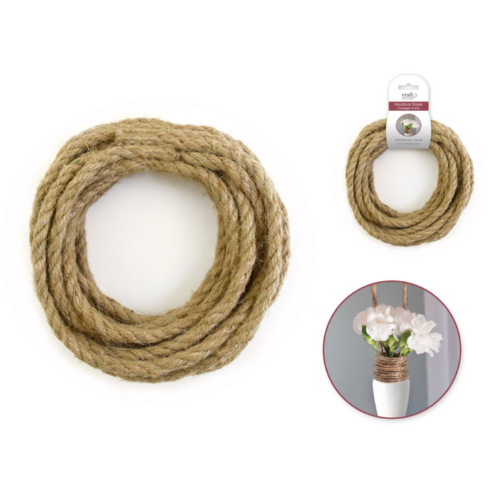 Medium-weight jute nautical rope coiled with header card. Inset image displays the rope wrapped around a vase neck and used as a hanging support for floral decor.