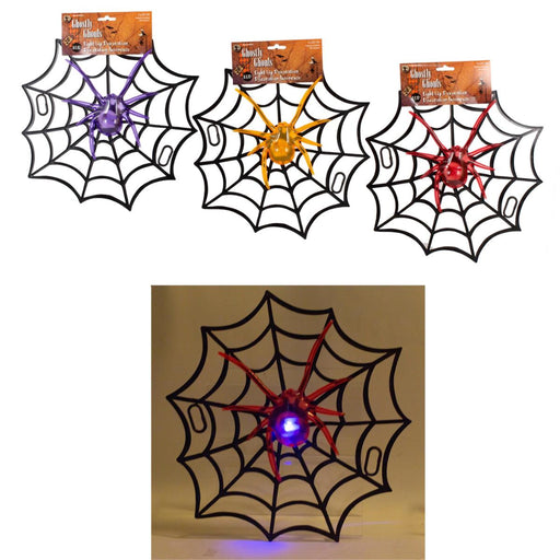 Three Halloween spider web decorations shown on a white background, each with a different colored spider center (purple, gold, red) and black web frame. A larger inset at the bottom shows one red spider web decoration illuminated with a blue light.