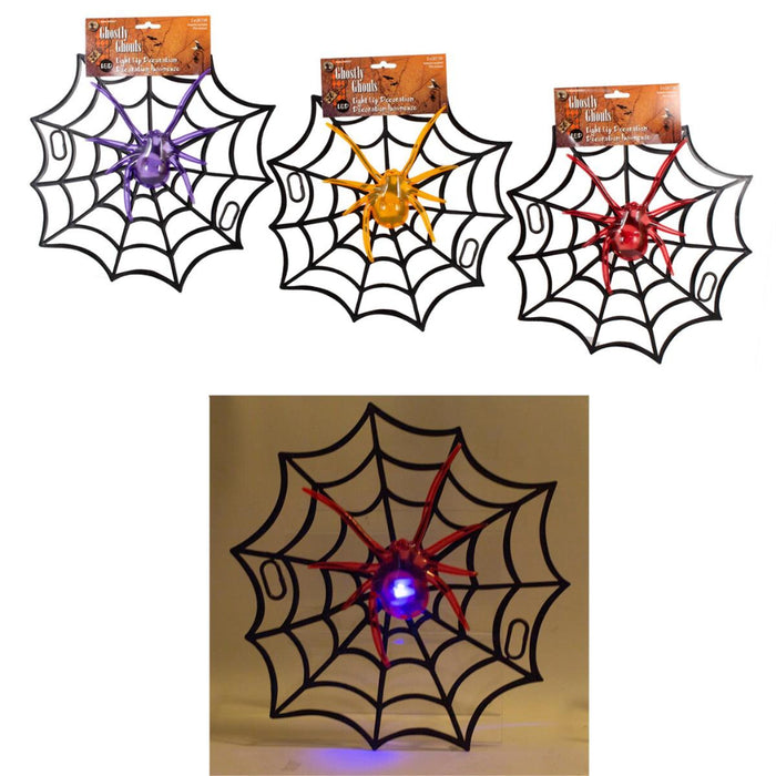 Three Halloween spider web decorations shown on a white background, each with a different colored spider center (purple, gold, red) and black web frame. A larger inset at the bottom shows one red spider web decoration illuminated with a blue light.