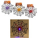 Three Halloween spider web decorations shown on a white background, each with a different colored spider center (purple, gold, red) and black web frame. A larger inset at the bottom shows one red spider web decoration illuminated with a blue light.