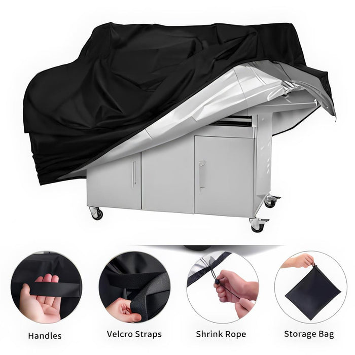 Black grill cover with handles, velcro straps, shrink rope, and storage bag on a white background
