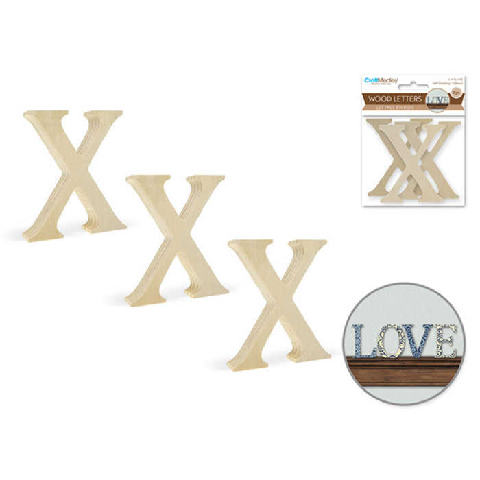 Wooden letter 'X' with packaging and a decorative use example on a white background