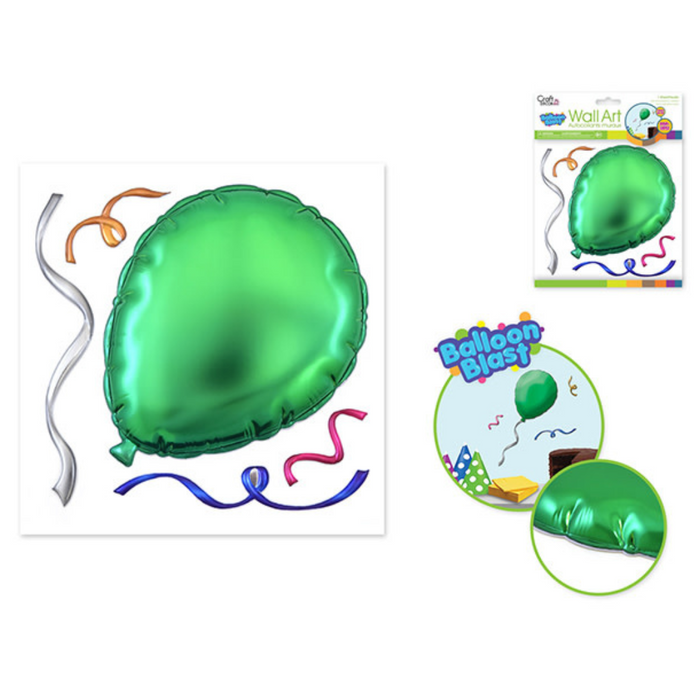 Green balloon wall sticker with colorful curled ribbons, shown in packaging and on a party wall background.