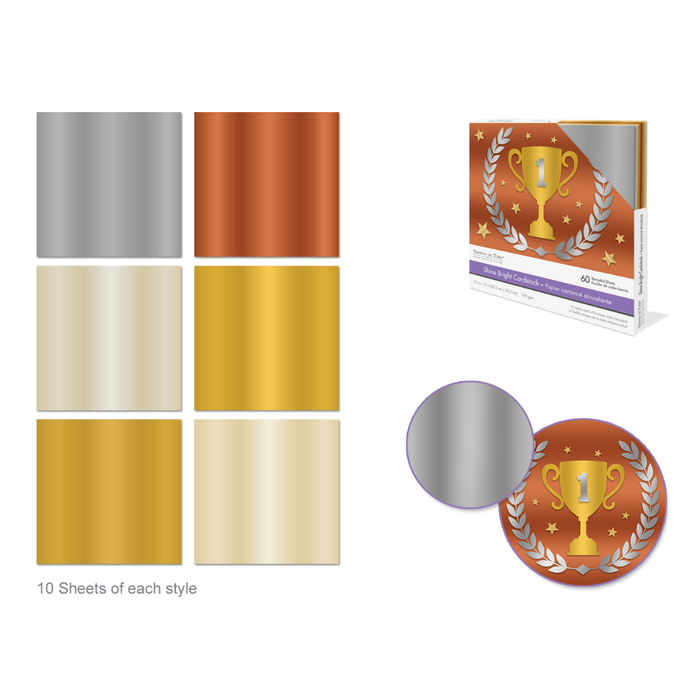 Metallic color swatches and decorative paper with trophy design on a white background