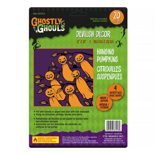 Ctg Brands Ghostly in Ghosts Devilish Décor Halloween hanging pumpkins kit in retail packaging, featuring a green and purple card backing with orange pumpkin illustrations and product details.