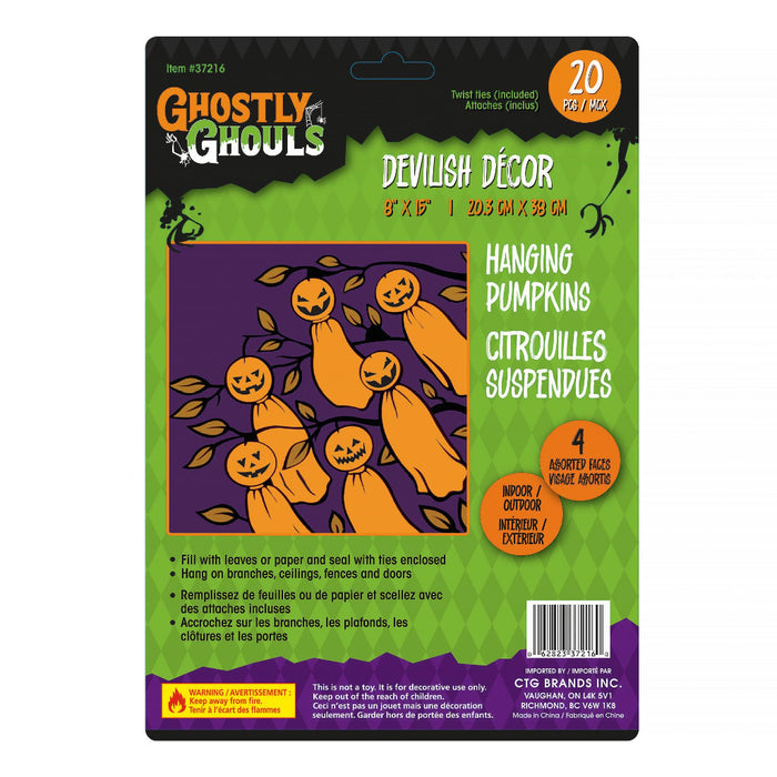 Ctg Brands Ghostly in Ghosts Devilish Décor Halloween hanging pumpkins kit in retail packaging, featuring a green and purple card backing with orange pumpkin illustrations and product details.