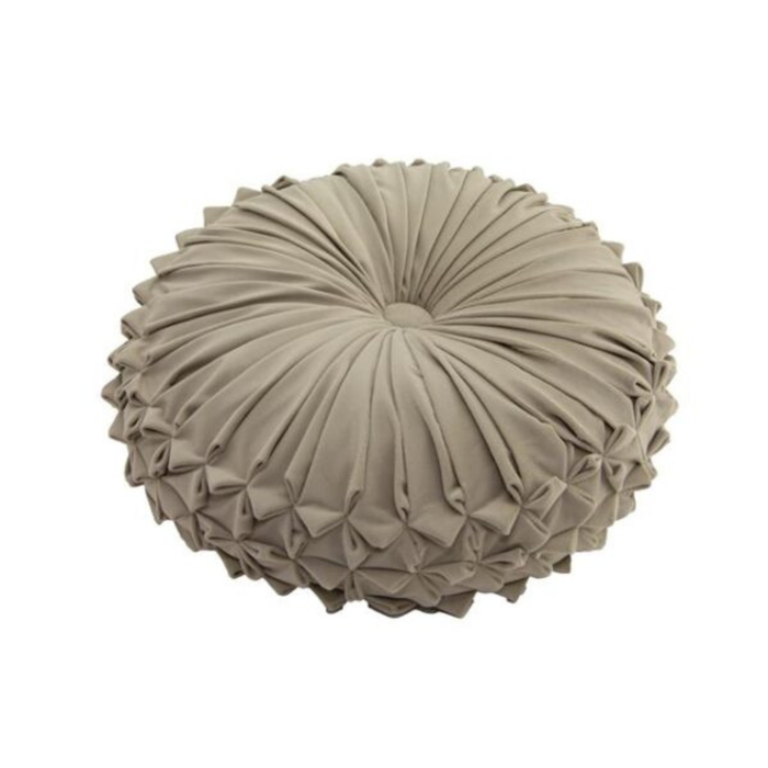 Round pleated pillow in beige color on a white background