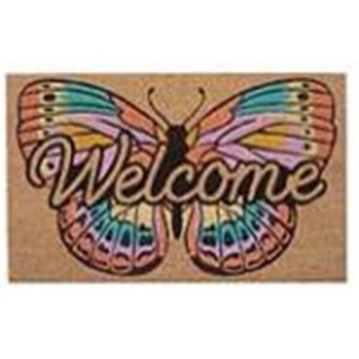 Doormat with a colorful butterfly design and 'Welcome' text on a brown background