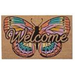 Doormat with a colorful butterfly design and 'Welcome' text on a brown background