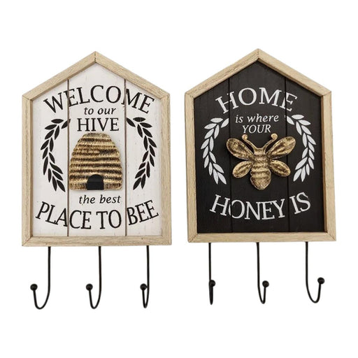 Two decorative wall hooks with bee-themed sayings on a white background