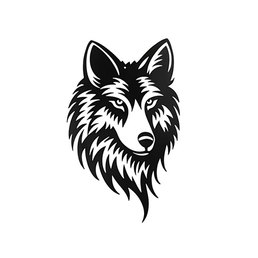 Black metal wall art of a wolf head with detailed fur design, 16.14 × 0.78 × 9.84 inches.