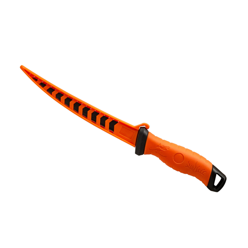 Orange knife with black blade and handle on a white background