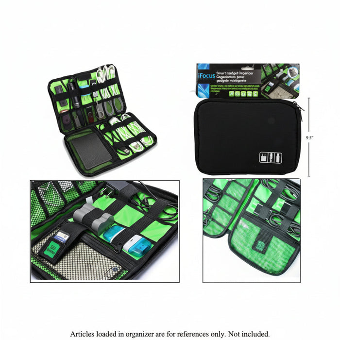Smart gadget organizer with green and black design, showing open and closed views.
