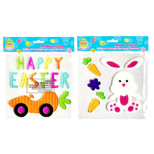 Two packages of Easter-themed window gel clings with colorful text and graphics.