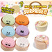 Six cute, squishy dumpling toys in different pastel colors with funny cartoon faces, displayed in their bamboo steamers alongside two sealed mystery packages labeled 'Mood Dumpling Surprise'.