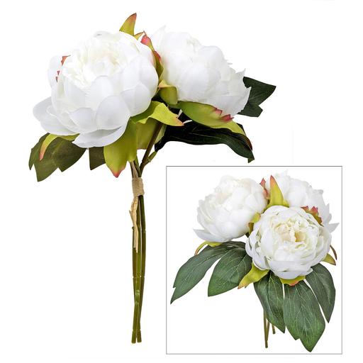 Bouquet of white peonies with green leaves on a white background