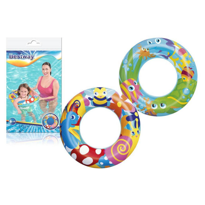 Two Bestway swim tubes with cartoon sea and insect designs, shown alongside product packaging featuring a smiling child and adult in a pool.