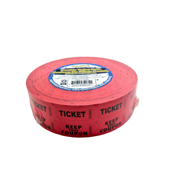 Roll of red tickets with text on a white background