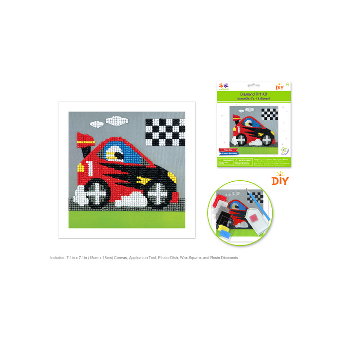 Red race car diamond painting kit with checkered flag background; includes tool, wax, and diamonds.