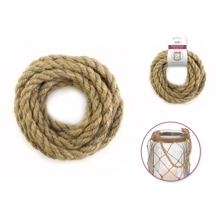 Thick natural jute nautical rope coiled with product packaging and an inset showing it tied around a lantern as a handle and decorative wrap.
