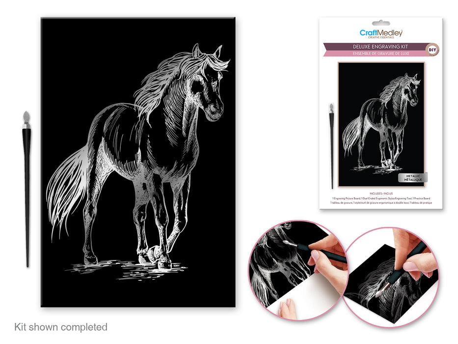 Horse engraving kit with completed artwork and tools on a white background