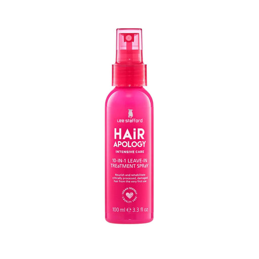 Pink bottle of Lee Stafford Hair Apology 10-in-1 Leave-In Treatment Spray on a white background