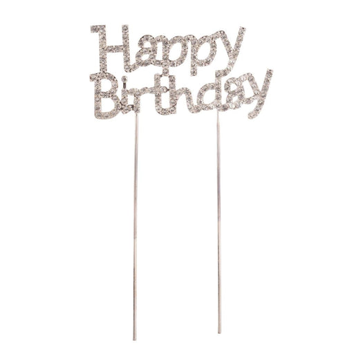 Silver 'Happy Birthday' cake topper on white background