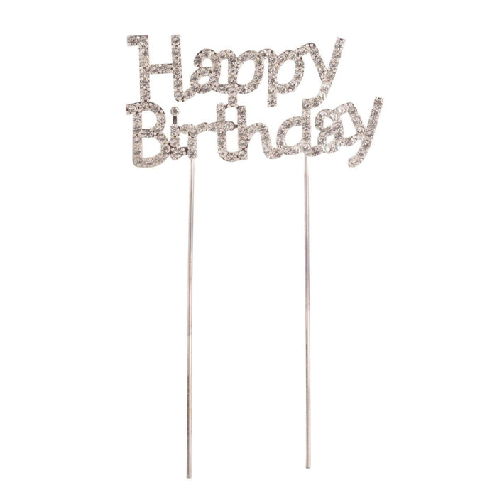 Silver 'Happy Birthday' cake topper on white background