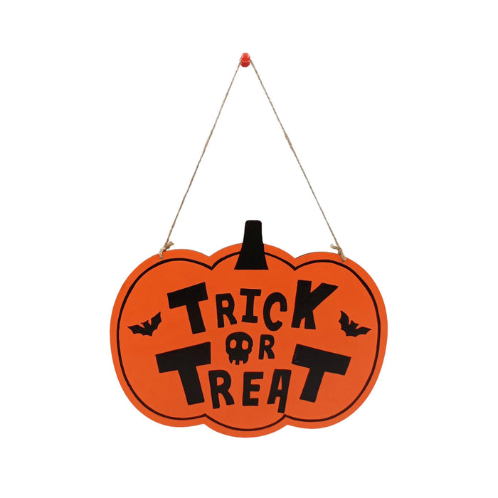 An orange pumpkin-shaped Halloween hanging sign with the words 'TRICK OR TREAT' in black lettering, a small black skull and crossbones in the center, two black bats, and a black stem at the top. The sign hangs from a thin rope with a small red finial against a plain white background.