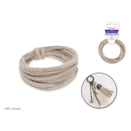 Beige 3mm flat suede cord displayed coiled and in packaging, with a round inset showing a light-toned keychain craft made with suede and accessories.