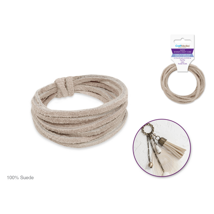 Beige 3mm flat suede cord displayed coiled and in packaging, with a round inset showing a light-toned keychain craft made with suede and accessories.